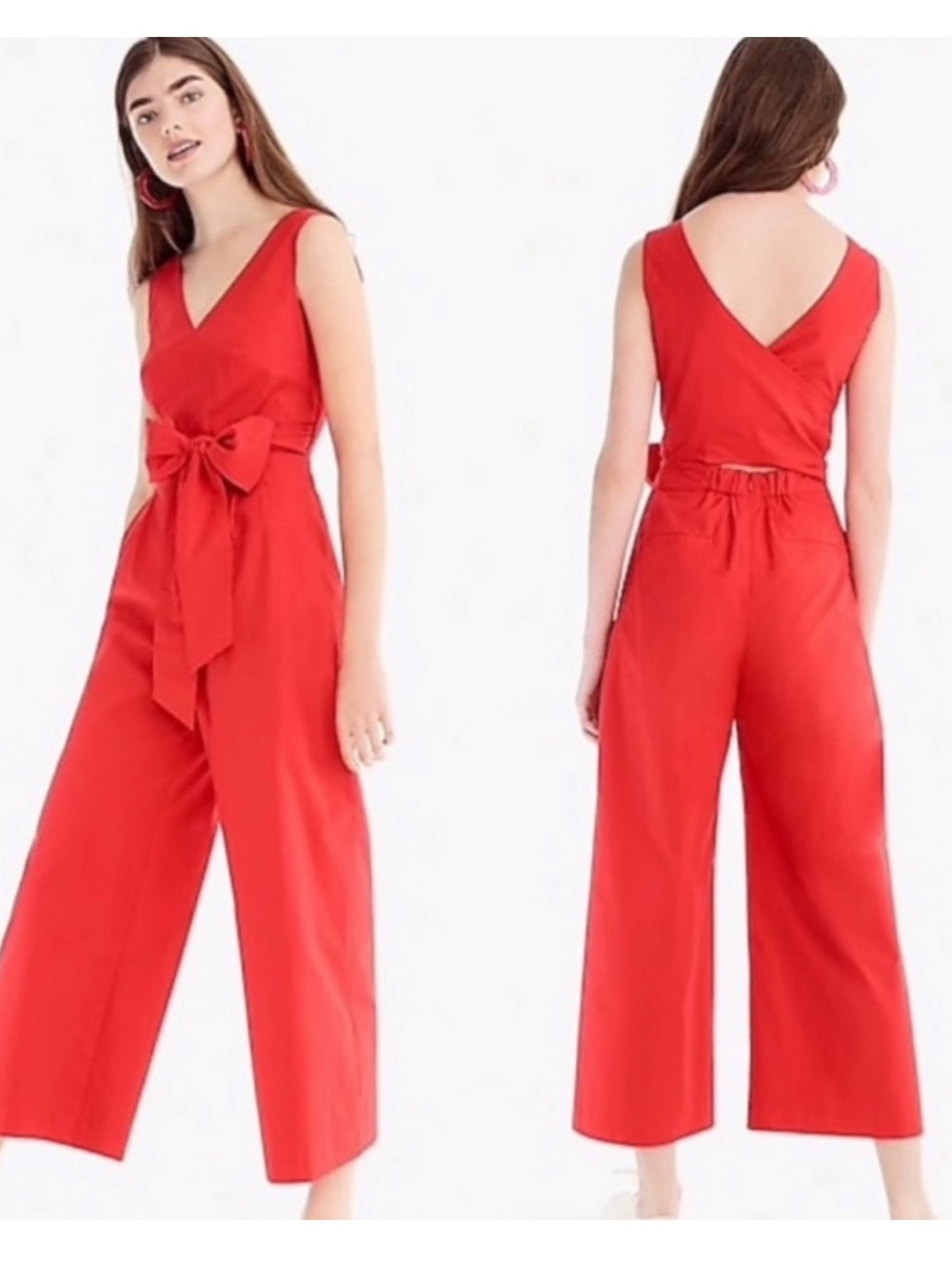J. Crew Red Sleeveless V-Neck Jumpsuit with Waist Sash